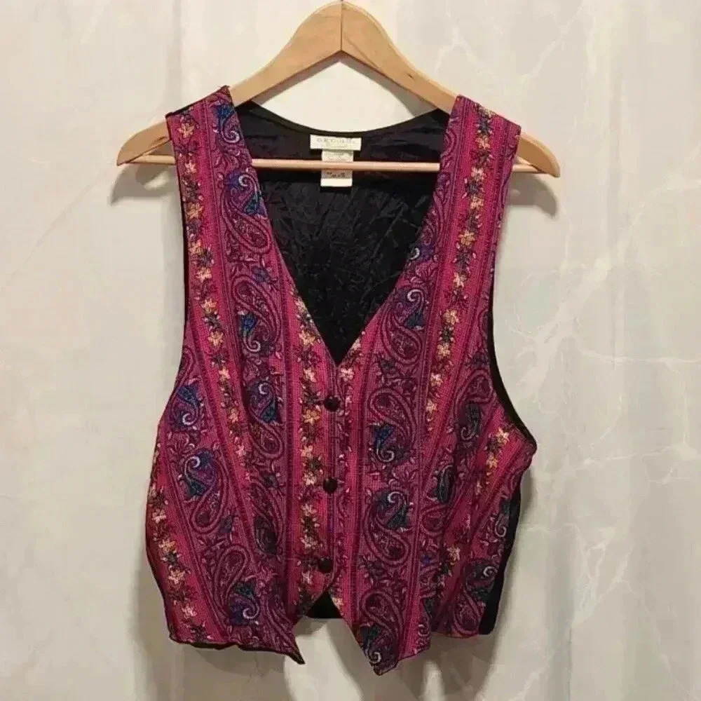 VTG D.K. Gold‎ by DonnKenny V-Neck Button Up Vest Women's 14 Fuchsia Paisley